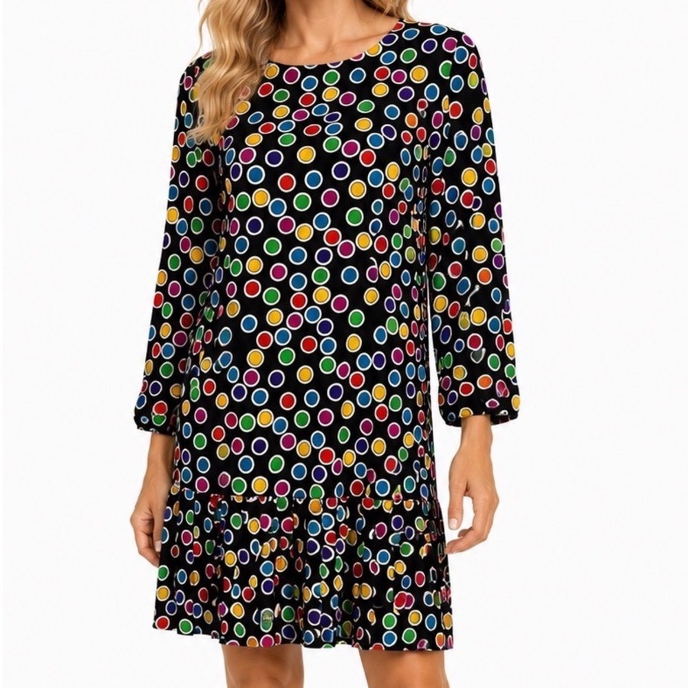 Scaasi Dress Vintage 100% Silk Polka Dot Drop Waist Pleated Dress Black Multi 14